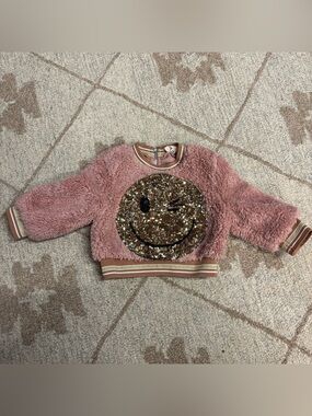 Kids Pink Fuzzy Sequin Smiley Sweatshirt 12M